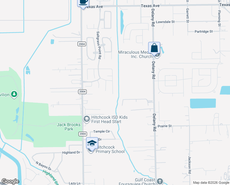 map of restaurants, bars, coffee shops, grocery stores, and more near 5519 Farm to Market 2004 in Hitchcock