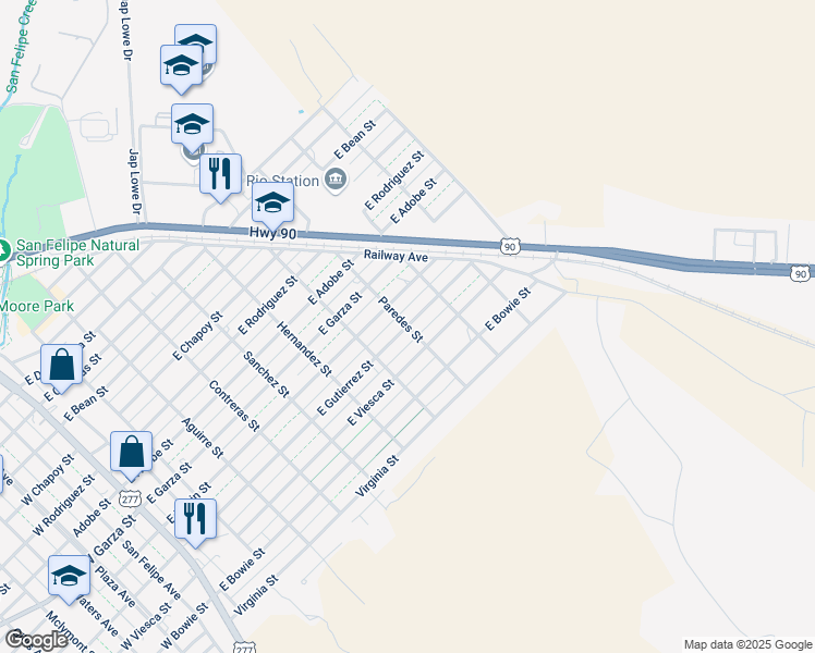 map of restaurants, bars, coffee shops, grocery stores, and more near 900 Paredes Street in Del Rio