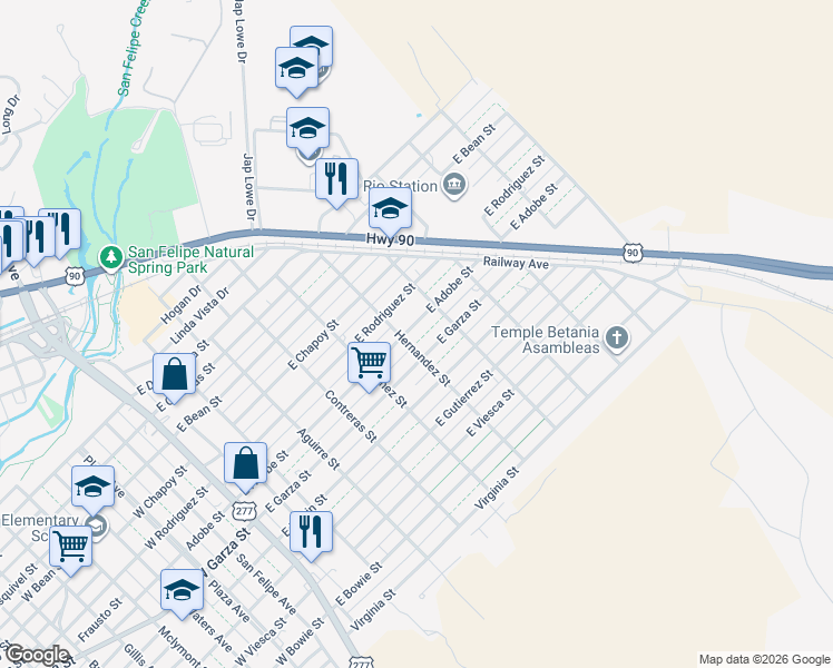 map of restaurants, bars, coffee shops, grocery stores, and more near 602 East Garza Street in Del Rio