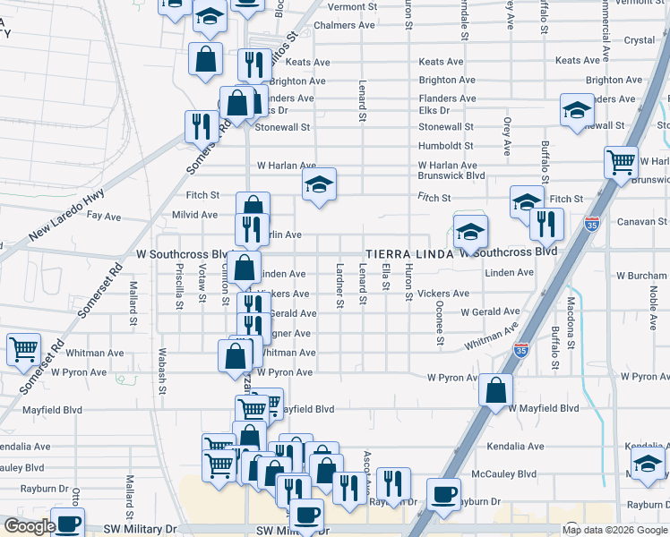 map of restaurants, bars, coffee shops, grocery stores, and more near 522 Linden Avenue in San Antonio