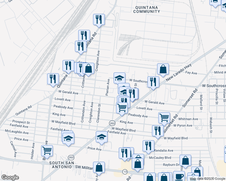 map of restaurants, bars, coffee shops, grocery stores, and more near 2743 West Gerald Avenue in San Antonio