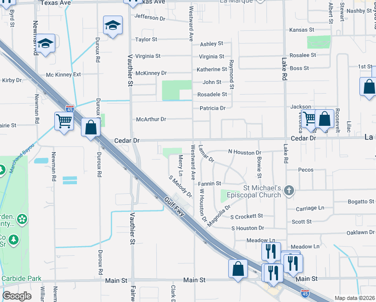 map of restaurants, bars, coffee shops, grocery stores, and more near 1304 Westward Avenue in La Marque
