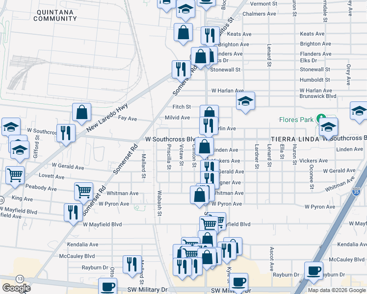 map of restaurants, bars, coffee shops, grocery stores, and more near 1110 Linden Avenue in San Antonio