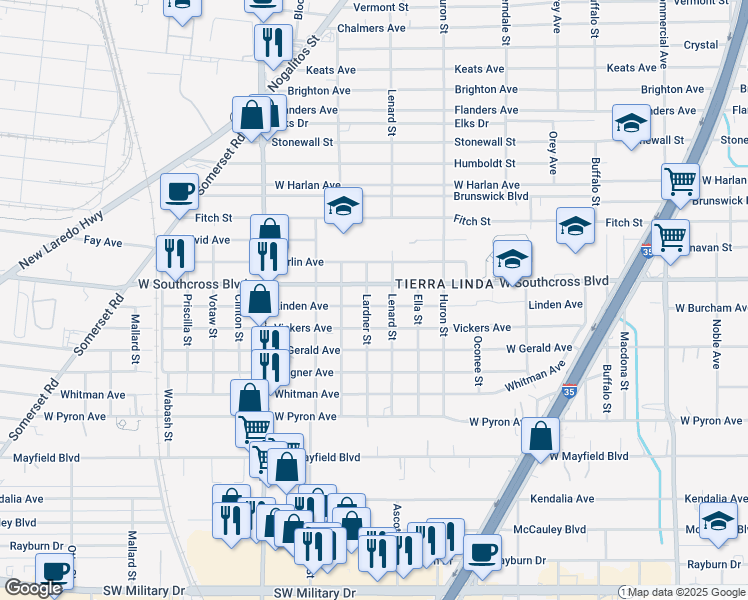 map of restaurants, bars, coffee shops, grocery stores, and more near 410 Linden Avenue in San Antonio
