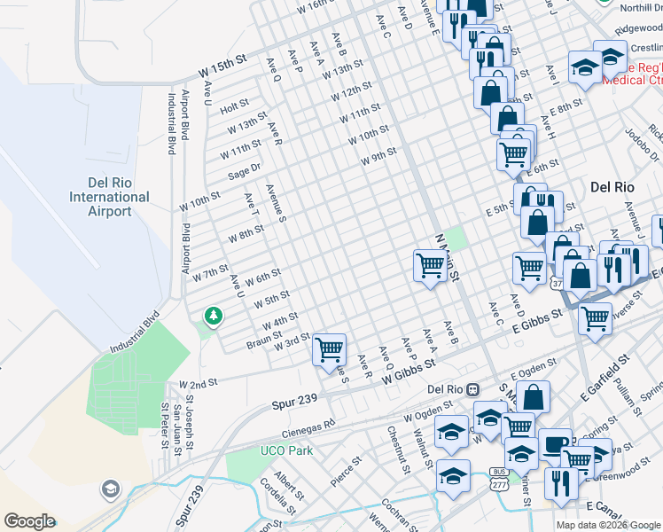 map of restaurants, bars, coffee shops, grocery stores, and more near 705 Avenue R in Del Rio