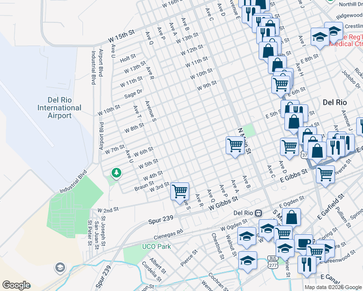 map of restaurants, bars, coffee shops, grocery stores, and more near 610-698 Avenue R in Del Rio