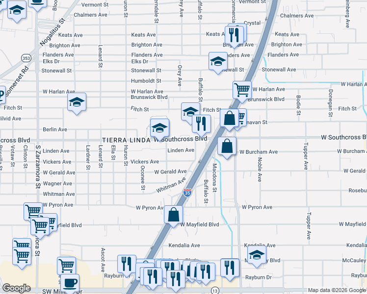 map of restaurants, bars, coffee shops, grocery stores, and more near 26 Linden Avenue in San Antonio