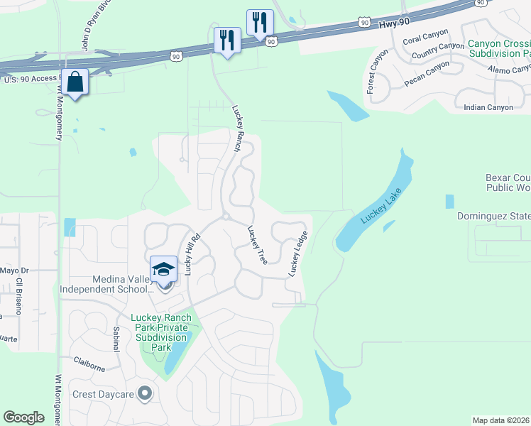 map of restaurants, bars, coffee shops, grocery stores, and more near 11403 Luckey Ledge in San Antonio