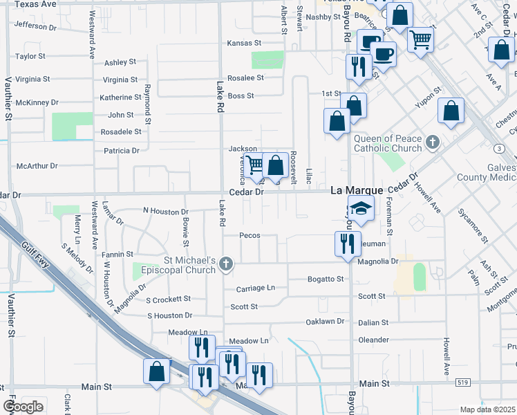 map of restaurants, bars, coffee shops, grocery stores, and more near 1210 Pirtle Street in La Marque