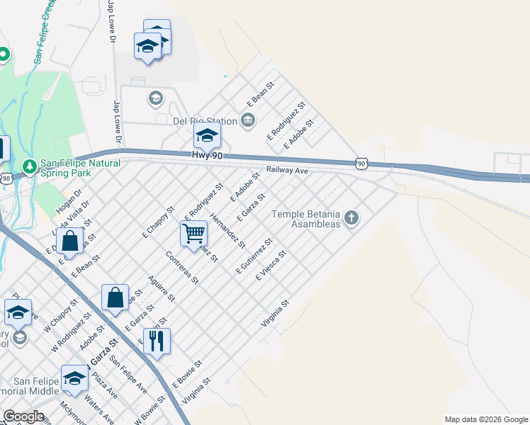 map of restaurants, bars, coffee shops, grocery stores, and more near 616 East Morin Street in Del Rio