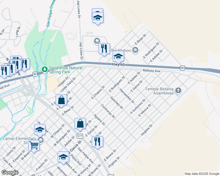map of restaurants, bars, coffee shops, grocery stores, and more near 416-498 East Rodriguez Street in Del Rio