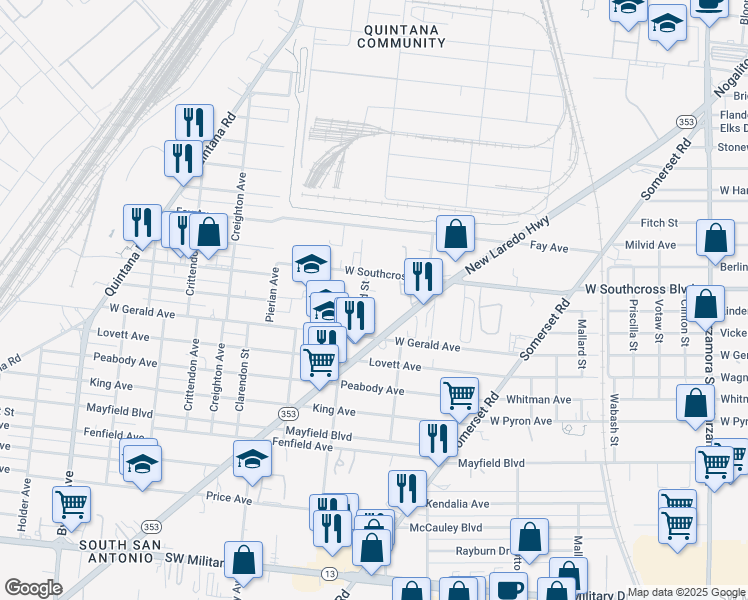 map of restaurants, bars, coffee shops, grocery stores, and more near 142 Gifford Street in San Antonio