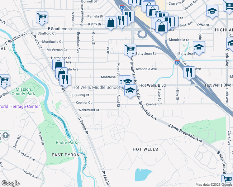 map of restaurants, bars, coffee shops, grocery stores, and more near 279 Koehler Court in San Antonio