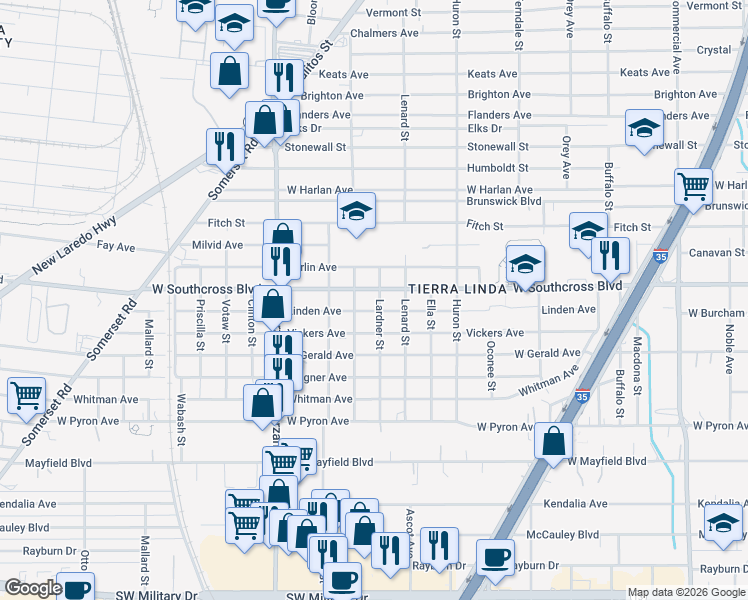 map of restaurants, bars, coffee shops, grocery stores, and more near 522 Linden Avenue in San Antonio