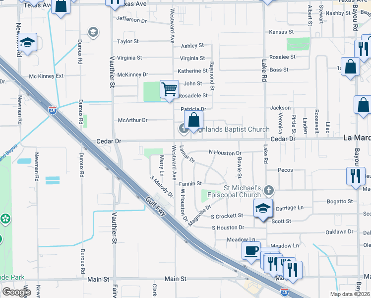 map of restaurants, bars, coffee shops, grocery stores, and more near 1305 Lamar Drive in La Marque