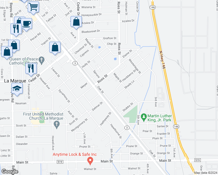 map of restaurants, bars, coffee shops, grocery stores, and more near 815 Shirley Street in La Marque