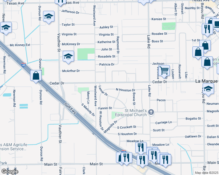 map of restaurants, bars, coffee shops, grocery stores, and more near 2810 North Houston Drive in La Marque