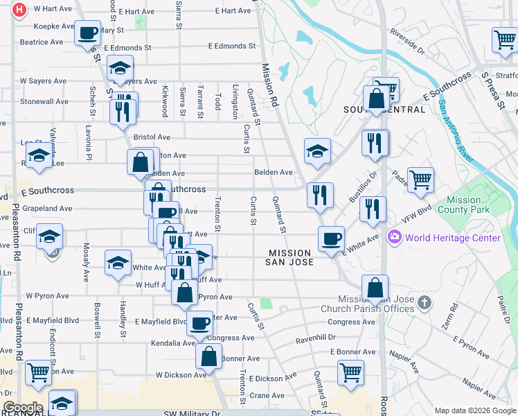 map of restaurants, bars, coffee shops, grocery stores, and more near 403 Terrell Avenue in San Antonio
