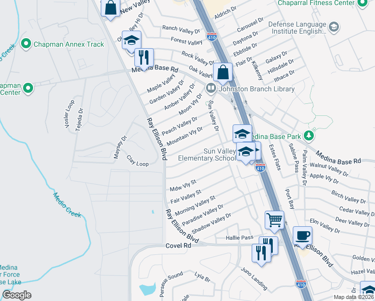 map of restaurants, bars, coffee shops, grocery stores, and more near 138 Mountain Valley Street in San Antonio