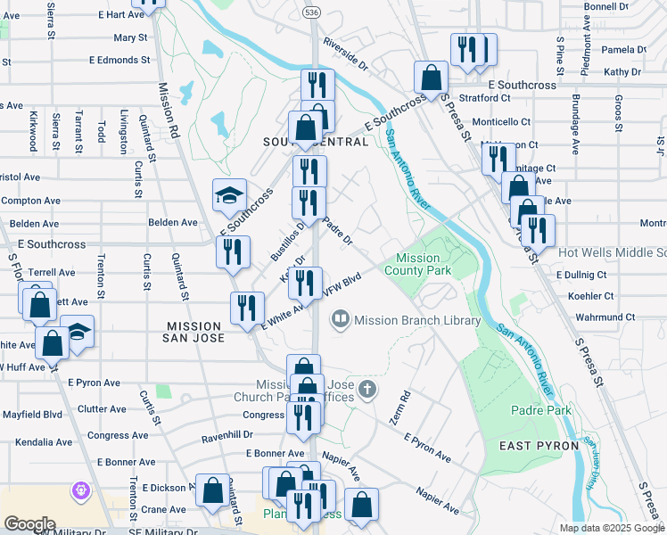map of restaurants, bars, coffee shops, grocery stores, and more near 3002 Roosevelt Avenue in San Antonio
