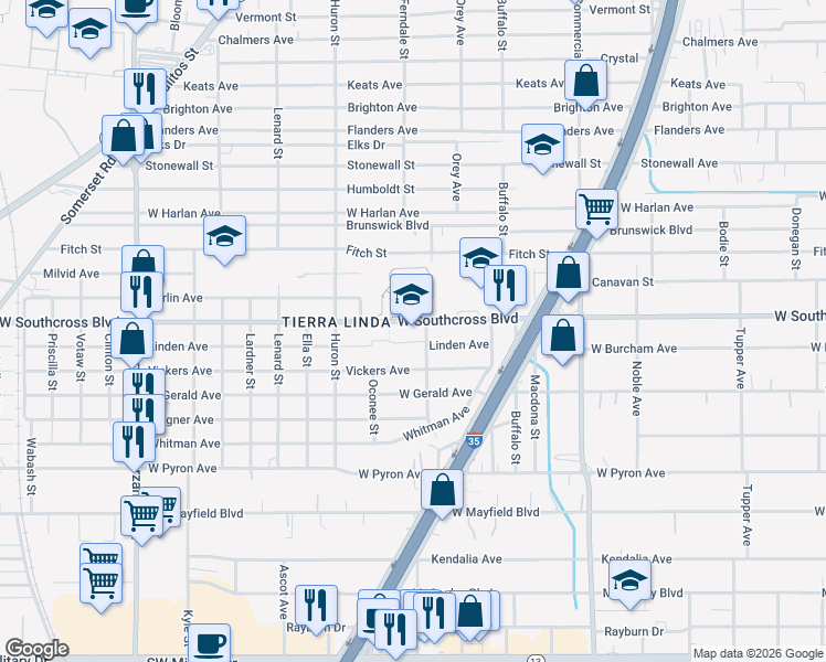 map of restaurants, bars, coffee shops, grocery stores, and more near 834 West Southcross Boulevard in San Antonio