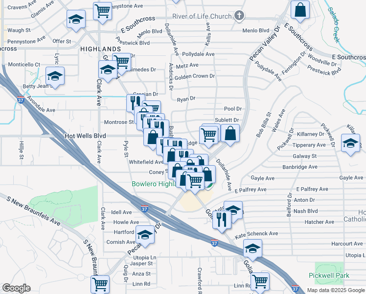 map of restaurants, bars, coffee shops, grocery stores, and more near 127 Edge Avenue in San Antonio
