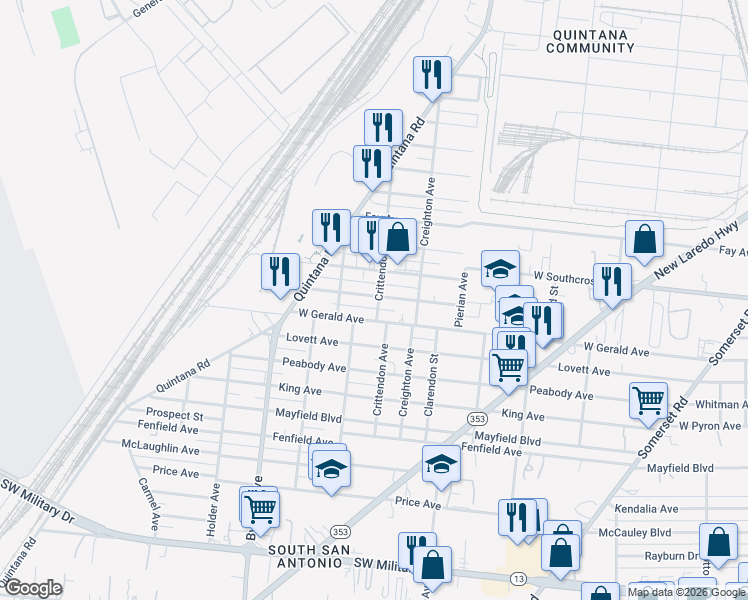 map of restaurants, bars, coffee shops, grocery stores, and more near 337 Wilcox Avenue in San Antonio