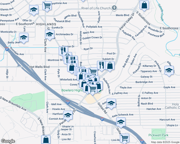 map of restaurants, bars, coffee shops, grocery stores, and more near 127 Edge Avenue in San Antonio