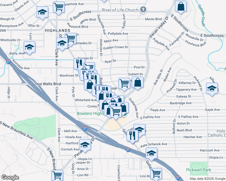 map of restaurants, bars, coffee shops, grocery stores, and more near 127 Edge Avenue in San Antonio