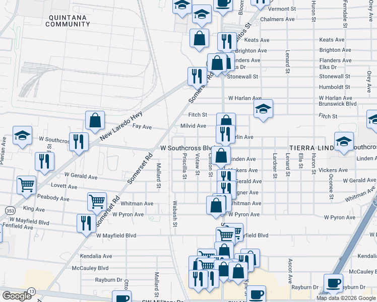 map of restaurants, bars, coffee shops, grocery stores, and more near 1102 Berlin Avenue in San Antonio