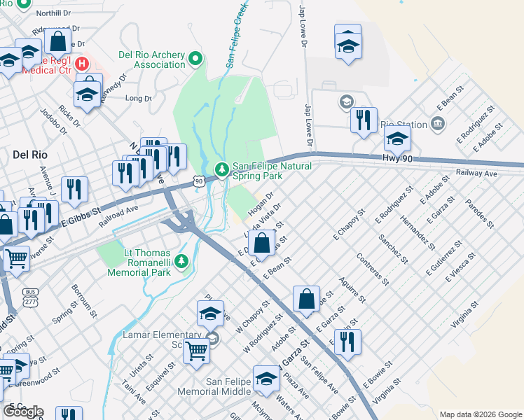 map of restaurants, bars, coffee shops, grocery stores, and more near 227 Hogan Drive in Del Rio