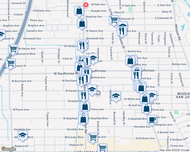 map of restaurants, bars, coffee shops, grocery stores, and more near 158 East Southcross in San Antonio