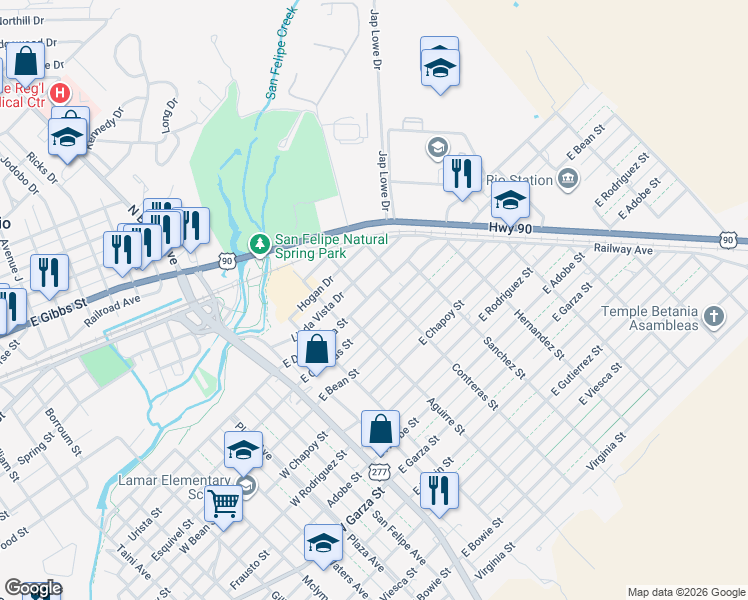 map of restaurants, bars, coffee shops, grocery stores, and more near 404 East De La Rosa Street in Del Rio
