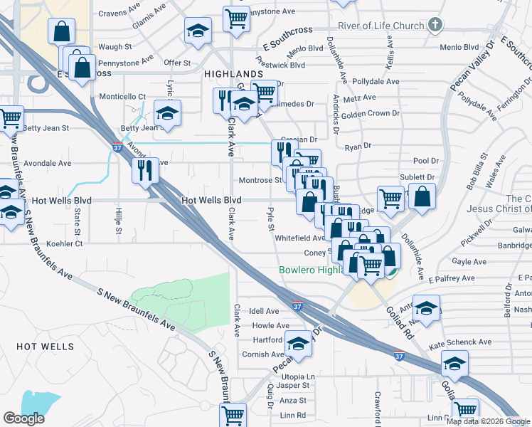 map of restaurants, bars, coffee shops, grocery stores, and more near 944 Hot Wells Boulevard in San Antonio