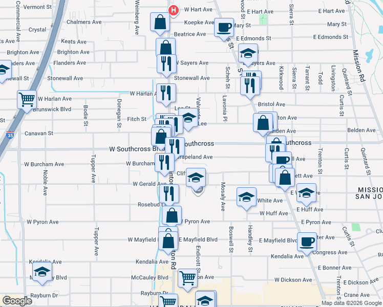 map of restaurants, bars, coffee shops, grocery stores, and more near 158 East Southcross in San Antonio