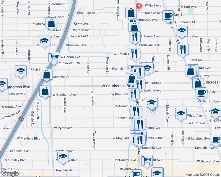 map of restaurants, bars, coffee shops, grocery stores, and more near 305 West Southcross Boulevard in San Antonio