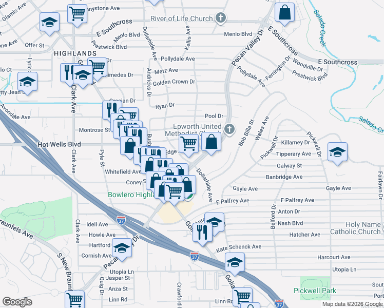 map of restaurants, bars, coffee shops, grocery stores, and more near 215 Edge Avenue in San Antonio