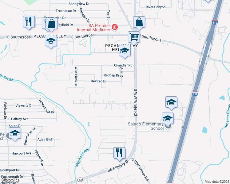map of restaurants, bars, coffee shops, grocery stores, and more near 3435 South Ww White Road in San Antonio