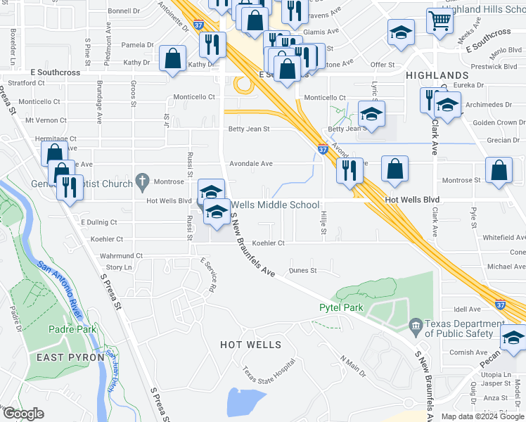 map of restaurants, bars, coffee shops, grocery stores, and more near 550 Hot Wells Boulevard in San Antonio