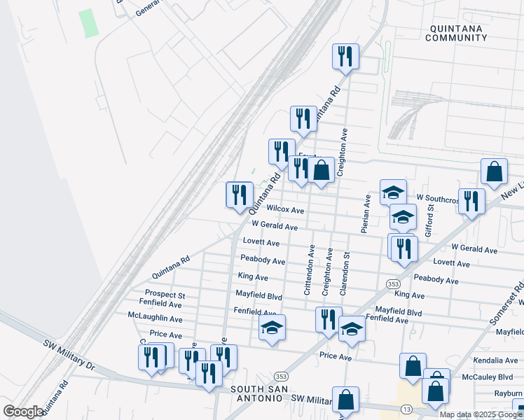 map of restaurants, bars, coffee shops, grocery stores, and more near 523 Wilcox Avenue in San Antonio
