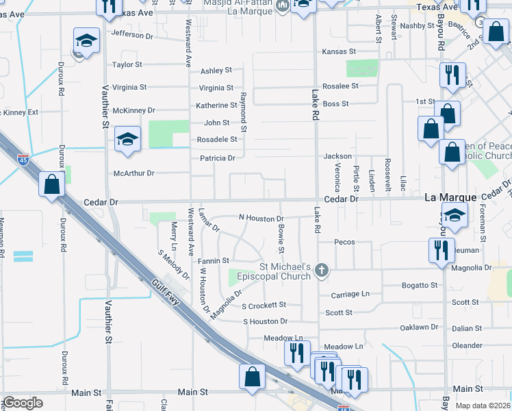 map of restaurants, bars, coffee shops, grocery stores, and more near 2628 Cedar Drive in La Marque