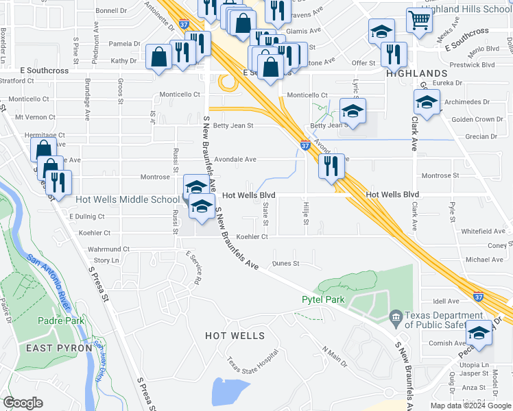 map of restaurants, bars, coffee shops, grocery stores, and more near 550 Hot Wells Boulevard in San Antonio
