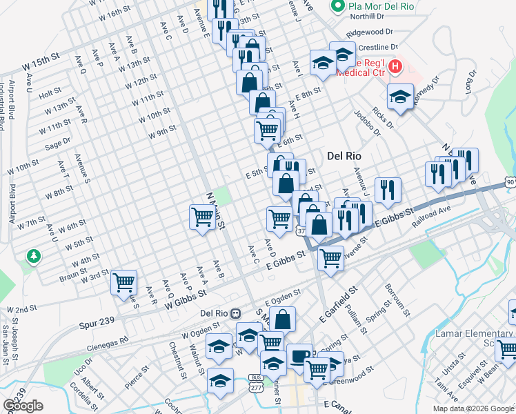 map of restaurants, bars, coffee shops, grocery stores, and more near 500-548 Avenue E in Del Rio