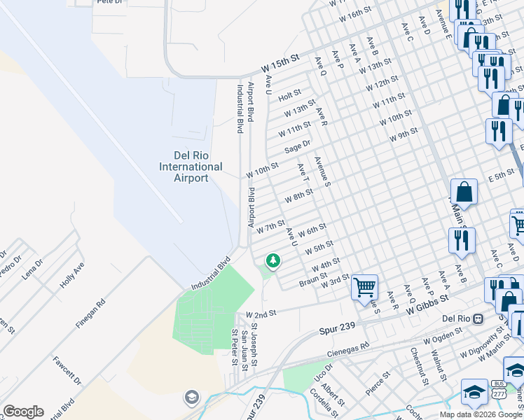 map of restaurants, bars, coffee shops, grocery stores, and more near 906 Burnett Street in Del Rio
