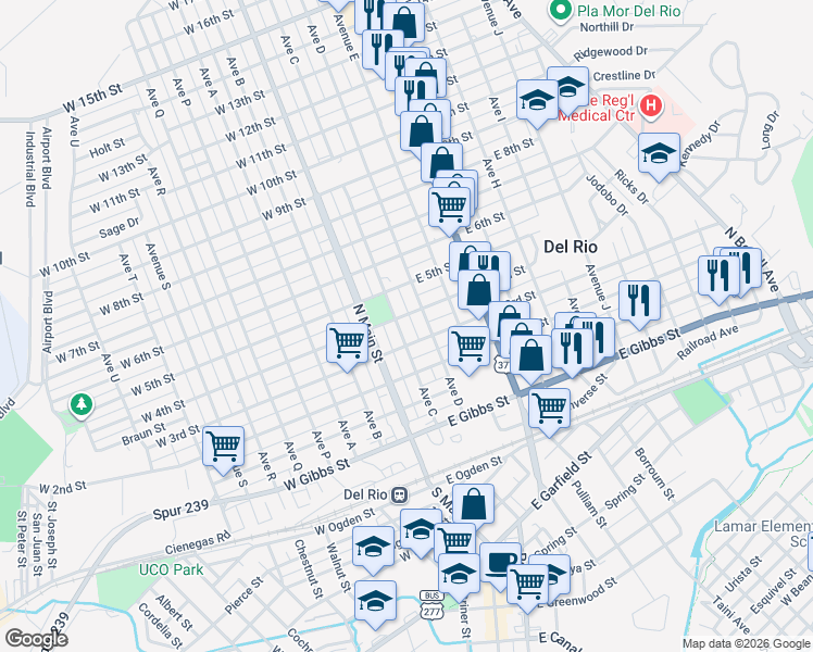 map of restaurants, bars, coffee shops, grocery stores, and more near 209 E 4th St in Del Rio