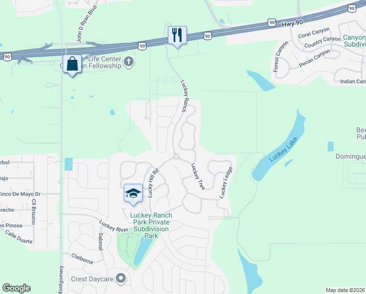 map of restaurants, bars, coffee shops, grocery stores, and more near 11754 Luckey Vista in San Antonio