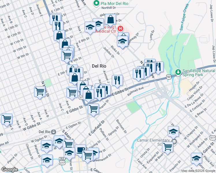 map of restaurants, bars, coffee shops, grocery stores, and more near 300 Avenue J in Del Rio