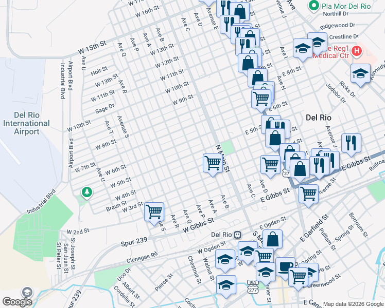 map of restaurants, bars, coffee shops, grocery stores, and more near 701 Avenue A in Del Rio
