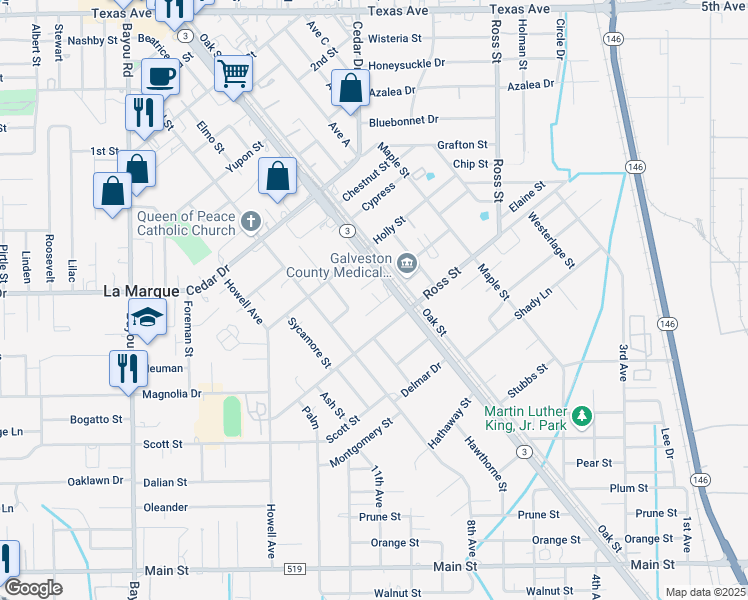map of restaurants, bars, coffee shops, grocery stores, and more near 1020 Meyer in La Marque