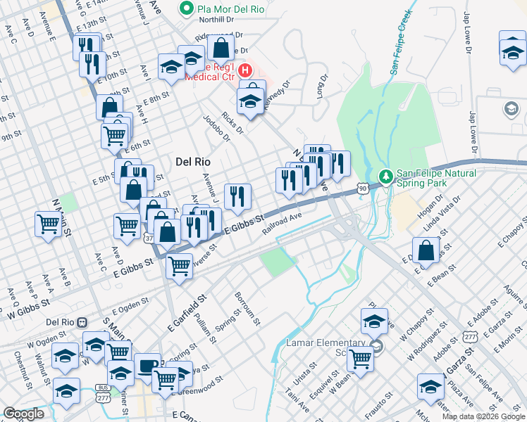 map of restaurants, bars, coffee shops, grocery stores, and more near 1100 East Gibbs Street in Del Rio